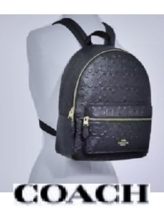 $450 Coach Charlie Signature Monogram Embossed Black Leather Backpack Bag MINT main image 5